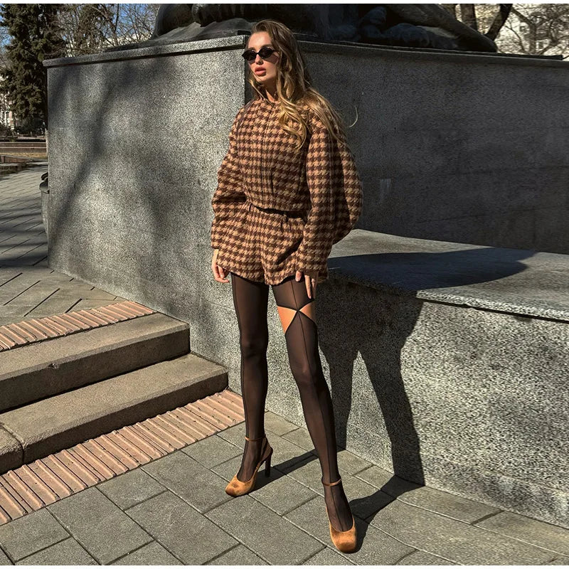 סט רון – זיפר ומכנס קצר משובץ