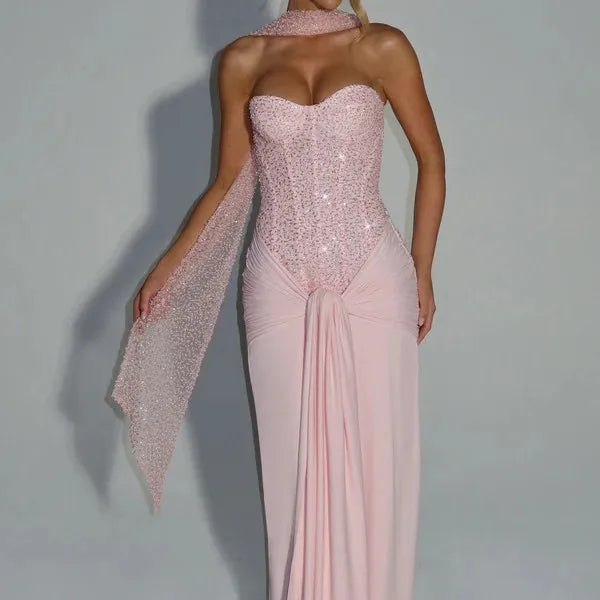 שמלת אלנה - מקסי מנצנצת עם הצהרה